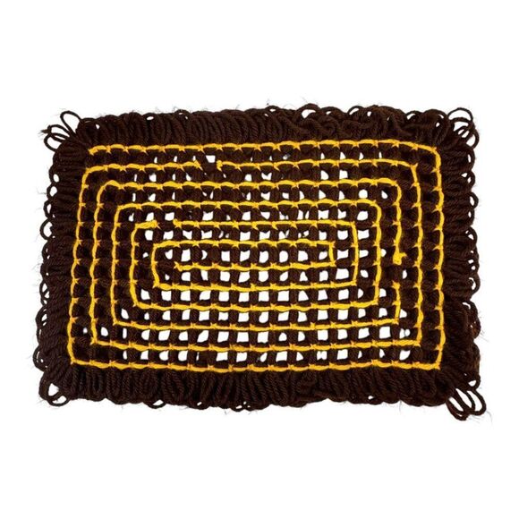 Handmade Brown & Yellow Knit Crochet Placemat Set of 2 MCM Retro Lot Centerpiece - Picture 3 of 6